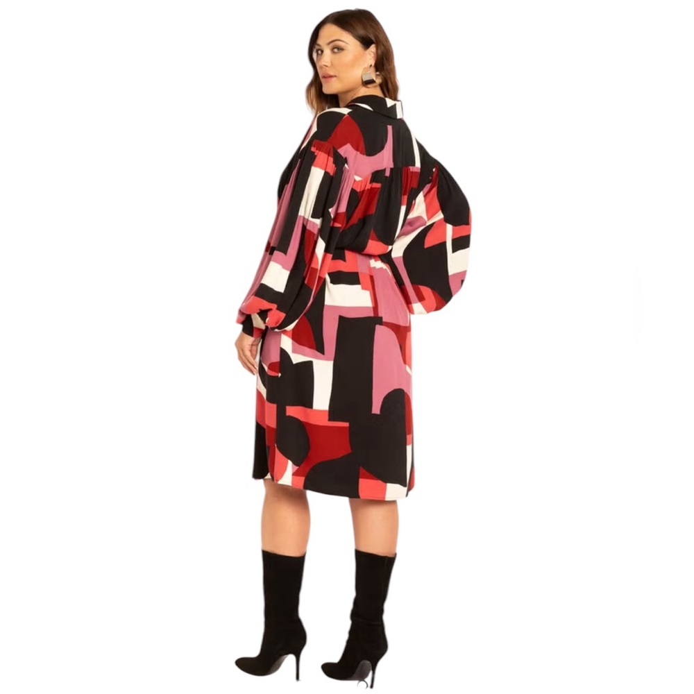 ELOQUII EXAGGERATED SLEEVE SHIRT DRESS GEO BLACK RED WHITE PRINT 20 - Picture 3 of 11
